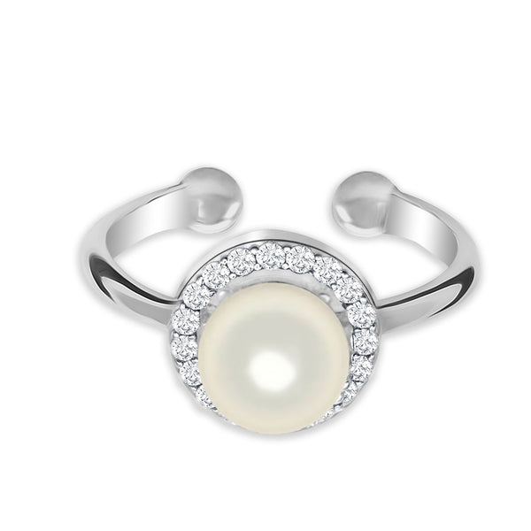 925 Sterling Silver Open Statement Pave CZ Elegant Simulated Pearl Adjustable Ring for Women