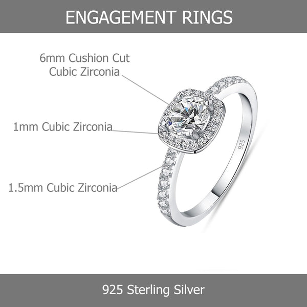 925 Sterling Silver Cubic Zirconia Cushion Cut Promise Engagement Band Finger Rings for Women