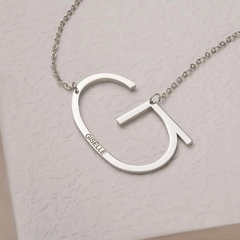 Personalised 925 Sterling Silver Large Initial with Engravable Name Offset Pendant Necklace for Men Women and Teen