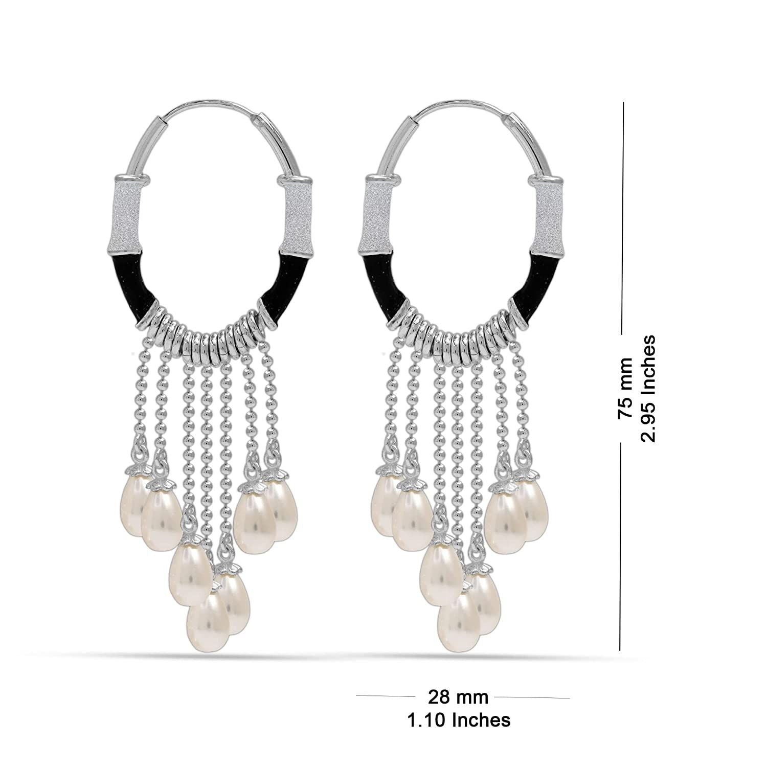 925 Sterling Silver Enamel Hanging Pearl Bali Hoop Earrings for Women and Girls