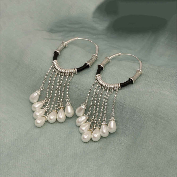 925 Sterling Silver Enamel Hanging Pearl Bali Hoop Earrings for Women and Girls