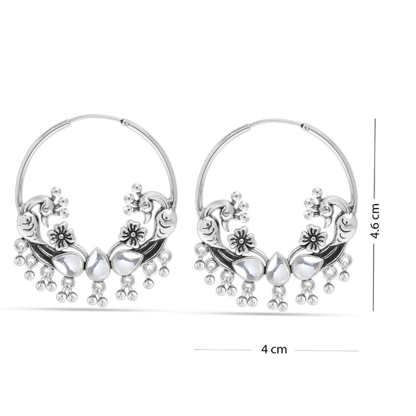 925 Sterling Silver Oxidized Peacock Polki Chandbali Hoop Earrings for Women and Girls