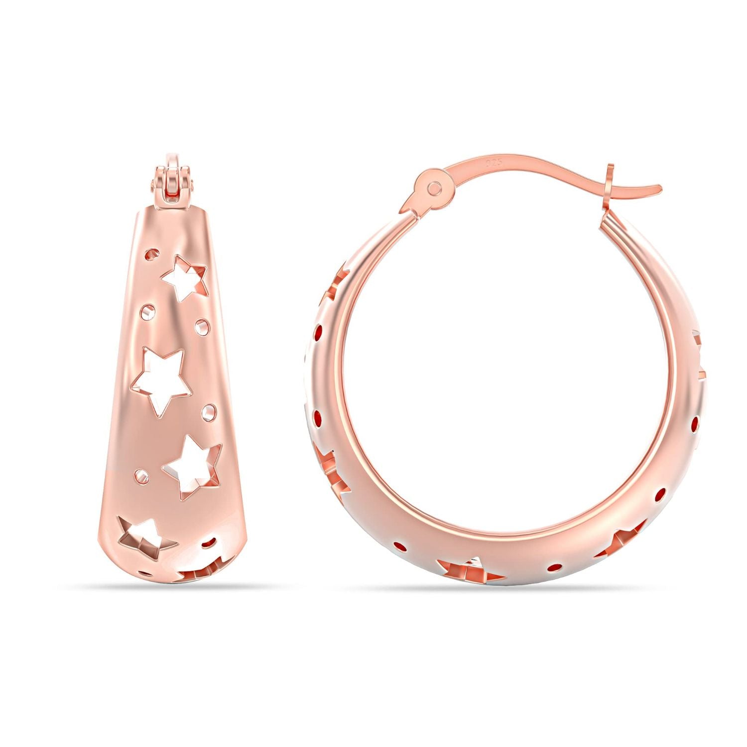 925 Sterling Silver 14K Rose-Gold Plated Filigree Star-Cut Hoop Earrings for Women Teen