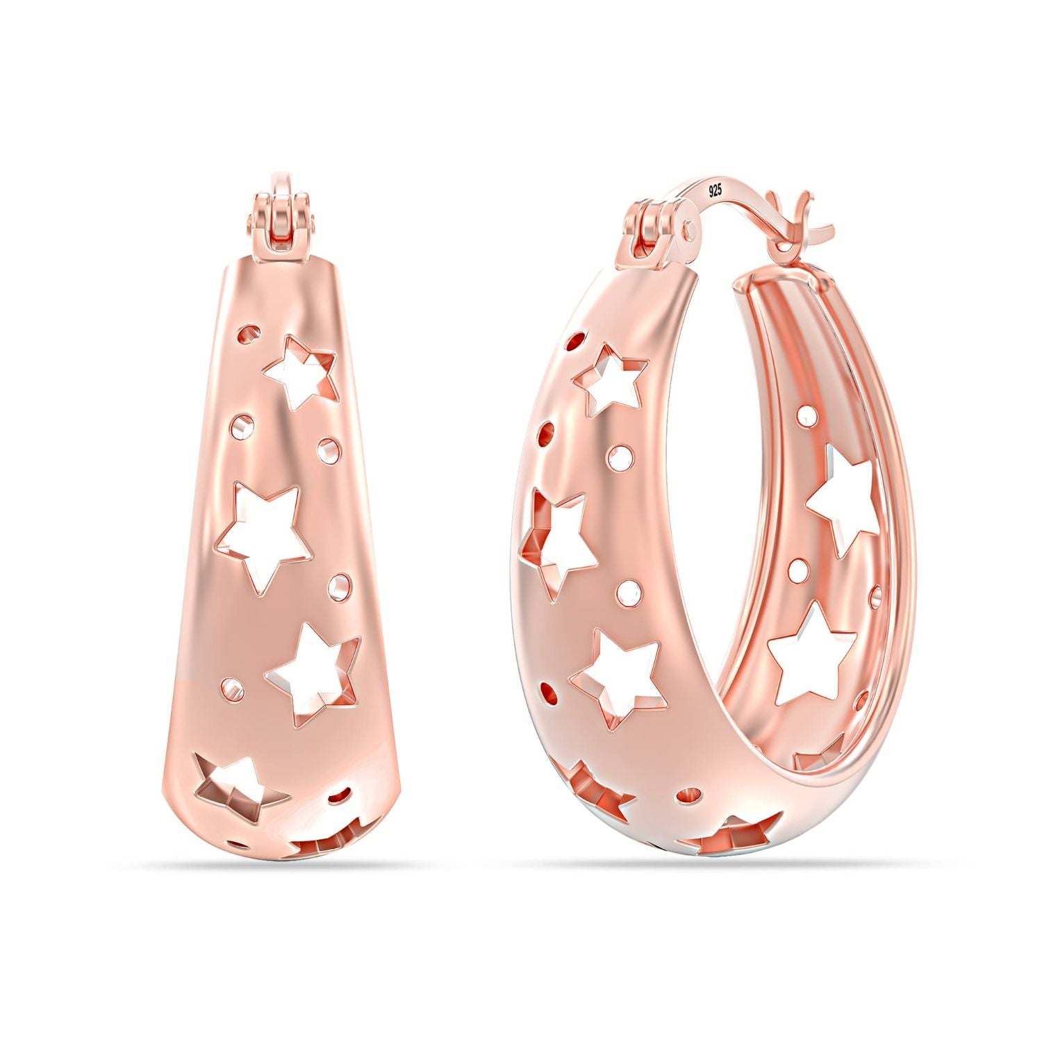 925 Sterling Silver 14K Rose-Gold Plated Filigree Star-Cut Hoop Earrings for Women Teen