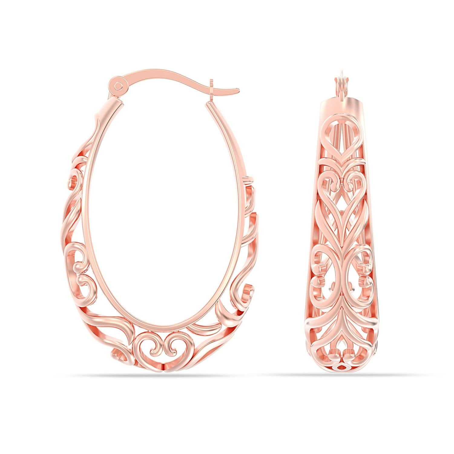 925 Sterling Silver Oval Filigree Click-Top Hoop Earrings for Women