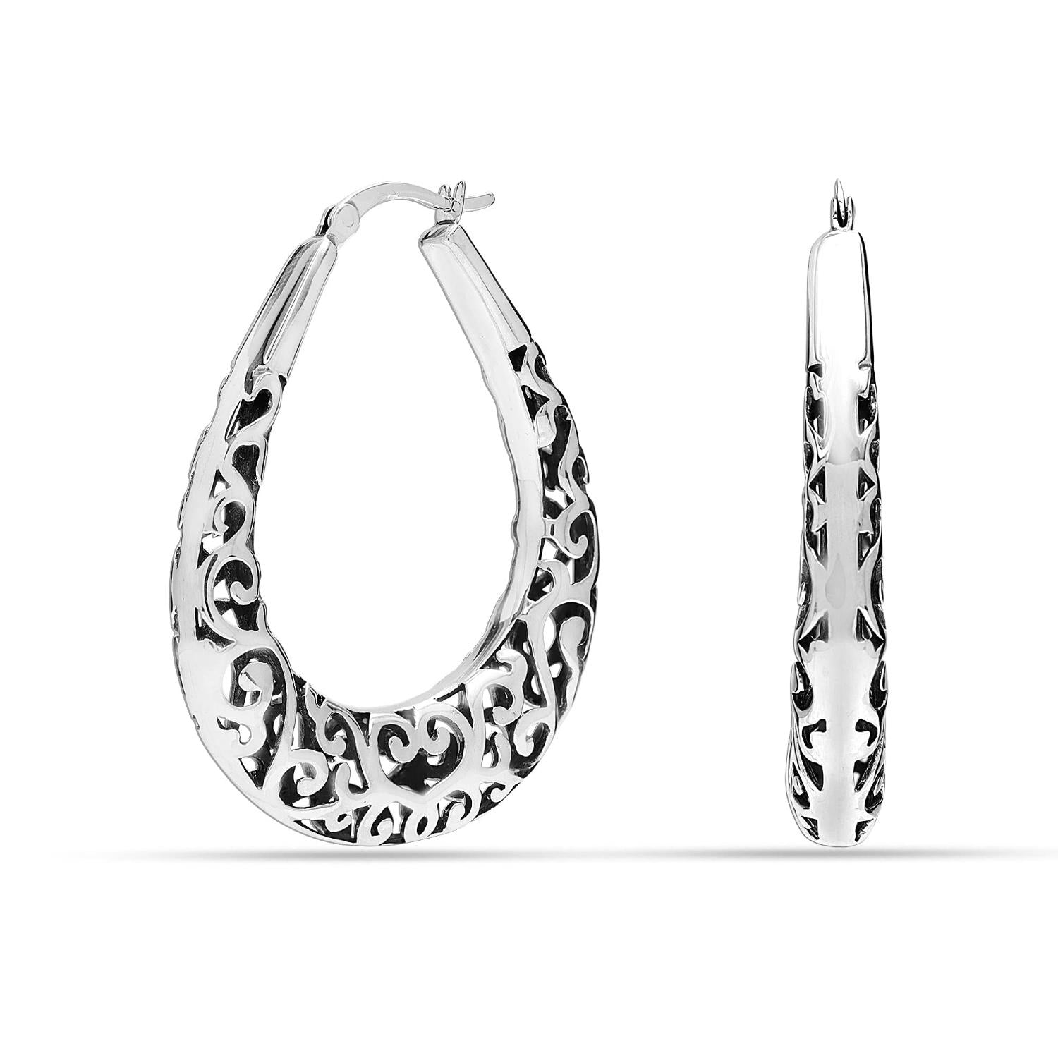 925 Sterling Silver Italian Antique Filigree Large Hoop Earrings for Women