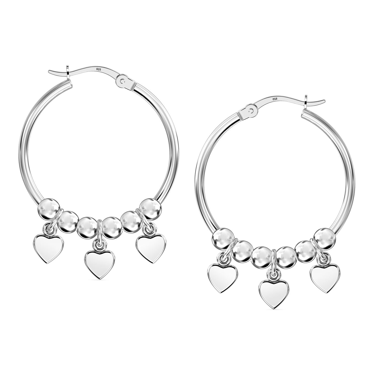 925 Sterling Silver Beaded Multi Heart Charm Hoop Earring for Women Teen