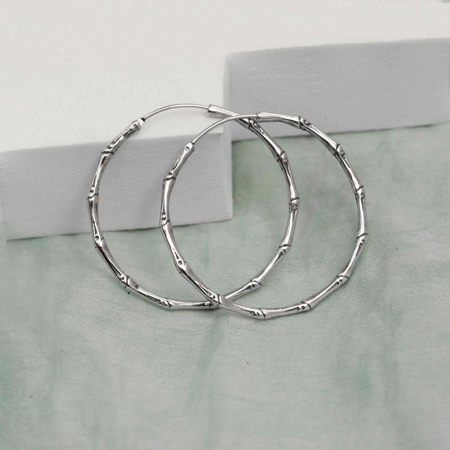 925 Sterling Silver Italian Bamboo Hoop Earring for Women Teen