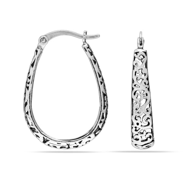 925 Sterling Silver Antique Oval Filigree Click-Top Hoop Earrings for Women