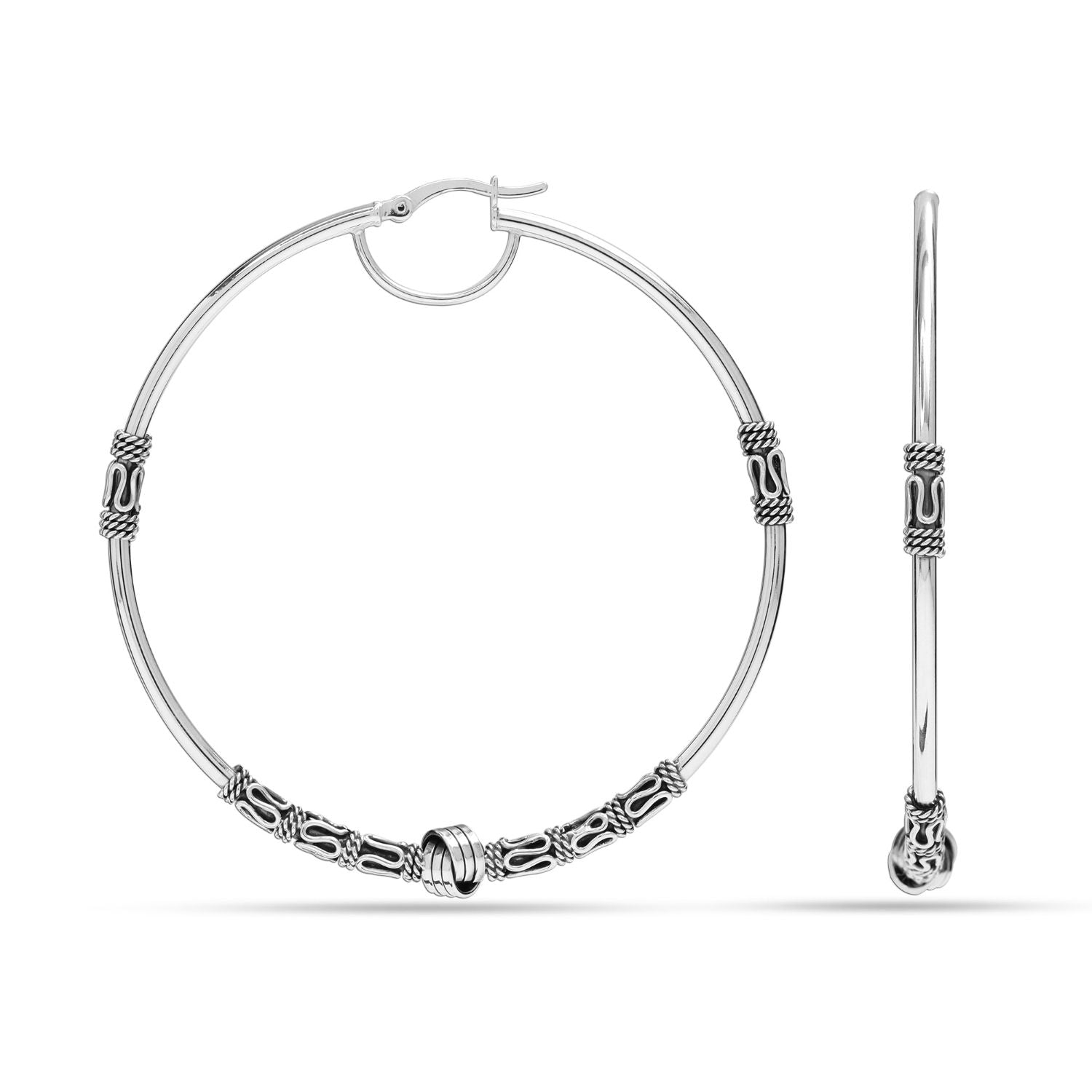 925 Sterling Silver Jewellery LARGE Oxidized Balinese Round Click-Top Hoop Earrings for Women 60MM