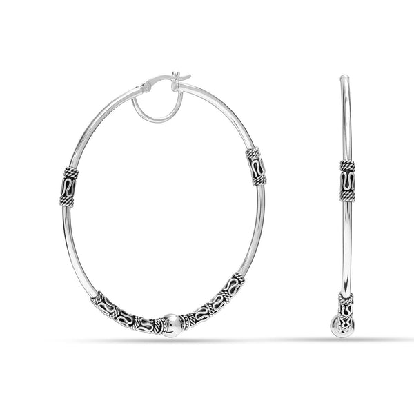 925 Sterling Silver Jewellery LARGE Antique Bead Balinese Round Click-Top Hoop Earrings for Women 60MM