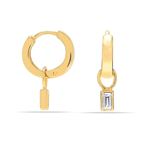 925 Sterling Silver 18K Gold-Plated Huggie Hoop Earrings and Rock Crystal Baguette for Teen Women