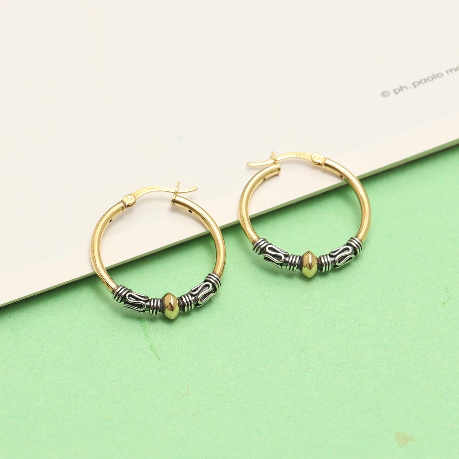 925 Sterling Silver Two-Tone Beaded Bohemian Bali Tribal Click-Top Hoop Earrings for Teen Women 25mm