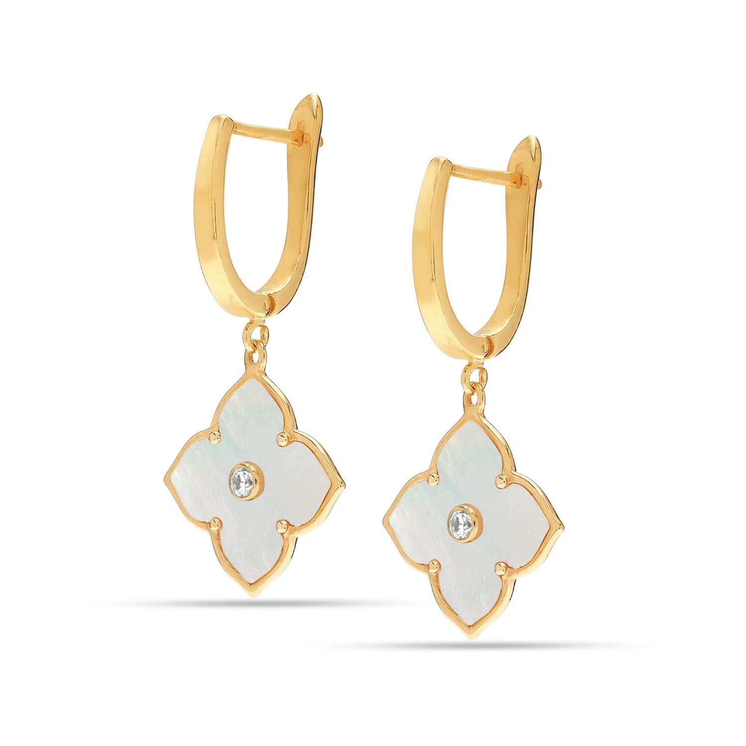 925 Sterling Silver 18K Gold-Plated Mother of Pearl with Onyx Flower Cubic Zirconia Drop Dangler Earrings for Women Teen