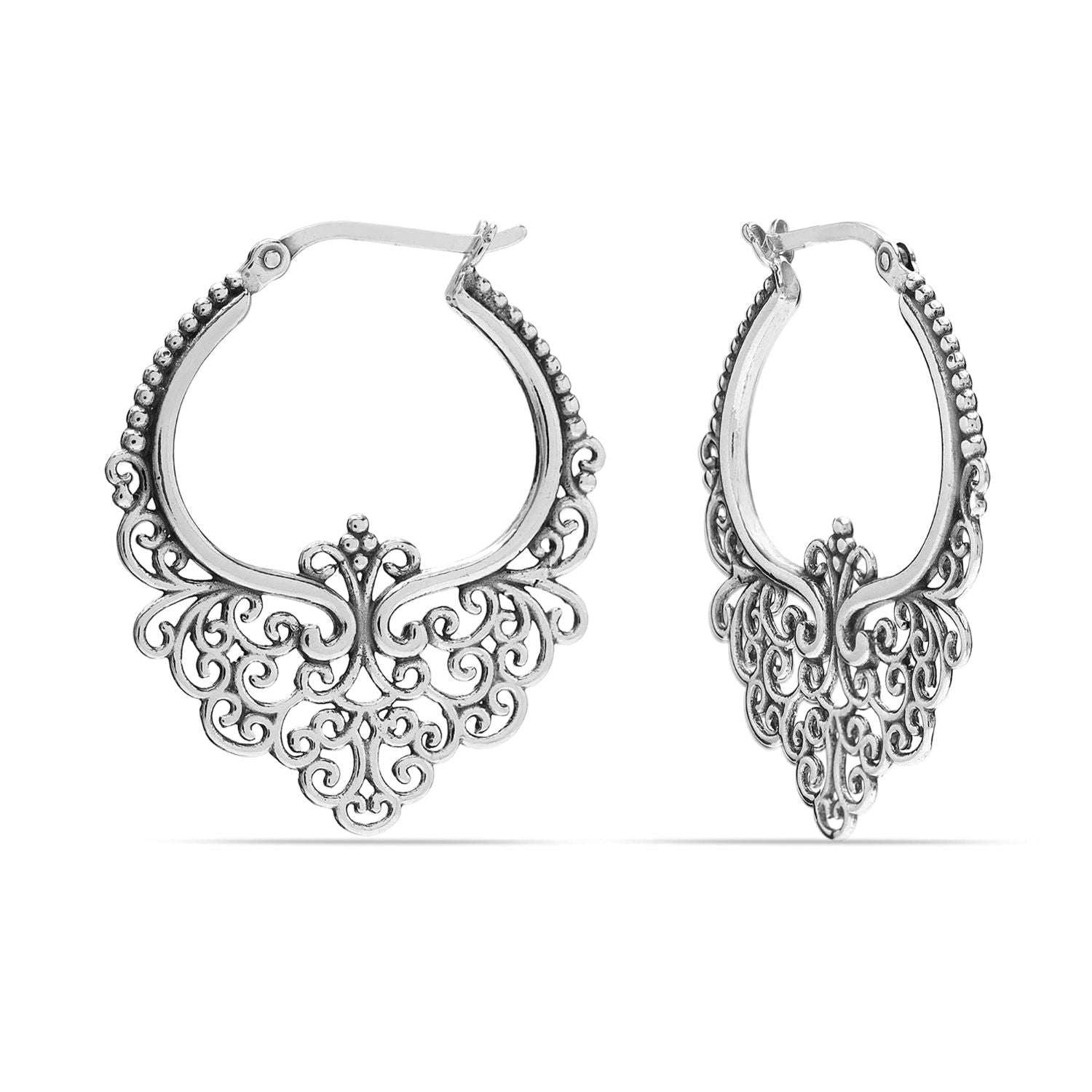 925 Sterling Silver Filigree Click Top Hoop Earrings for Women and Girls