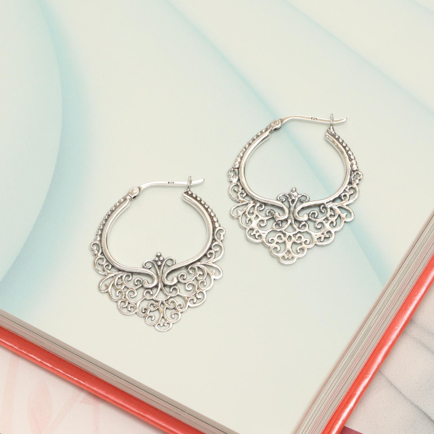 925 Sterling Silver Filigree Click Top Hoop Earrings for Women and Girls