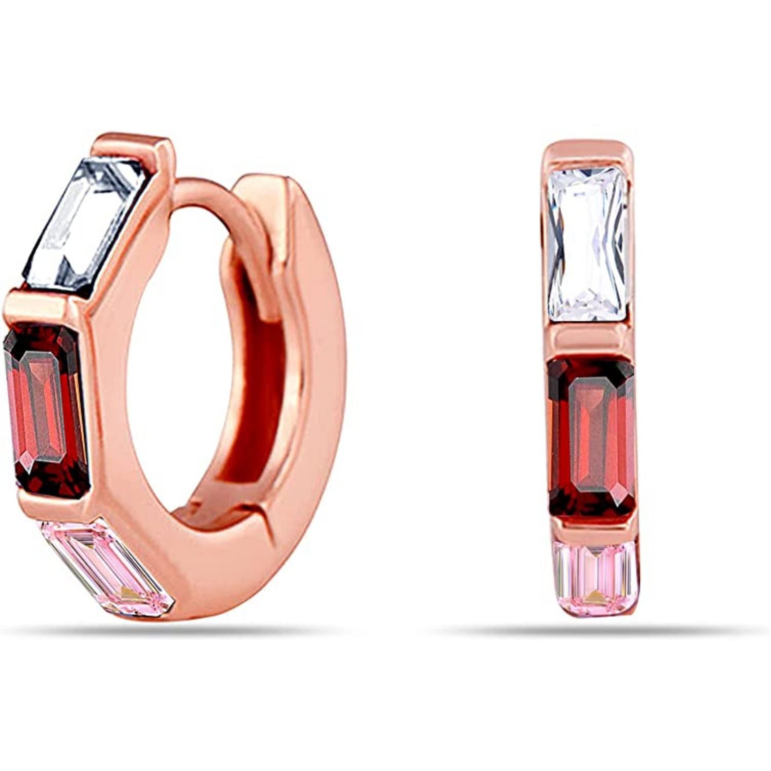 925 Sterling Silver Rose Gold-Plated Zirconia Rainbow Tiny Huggie Hoop Earrings for Women Teen