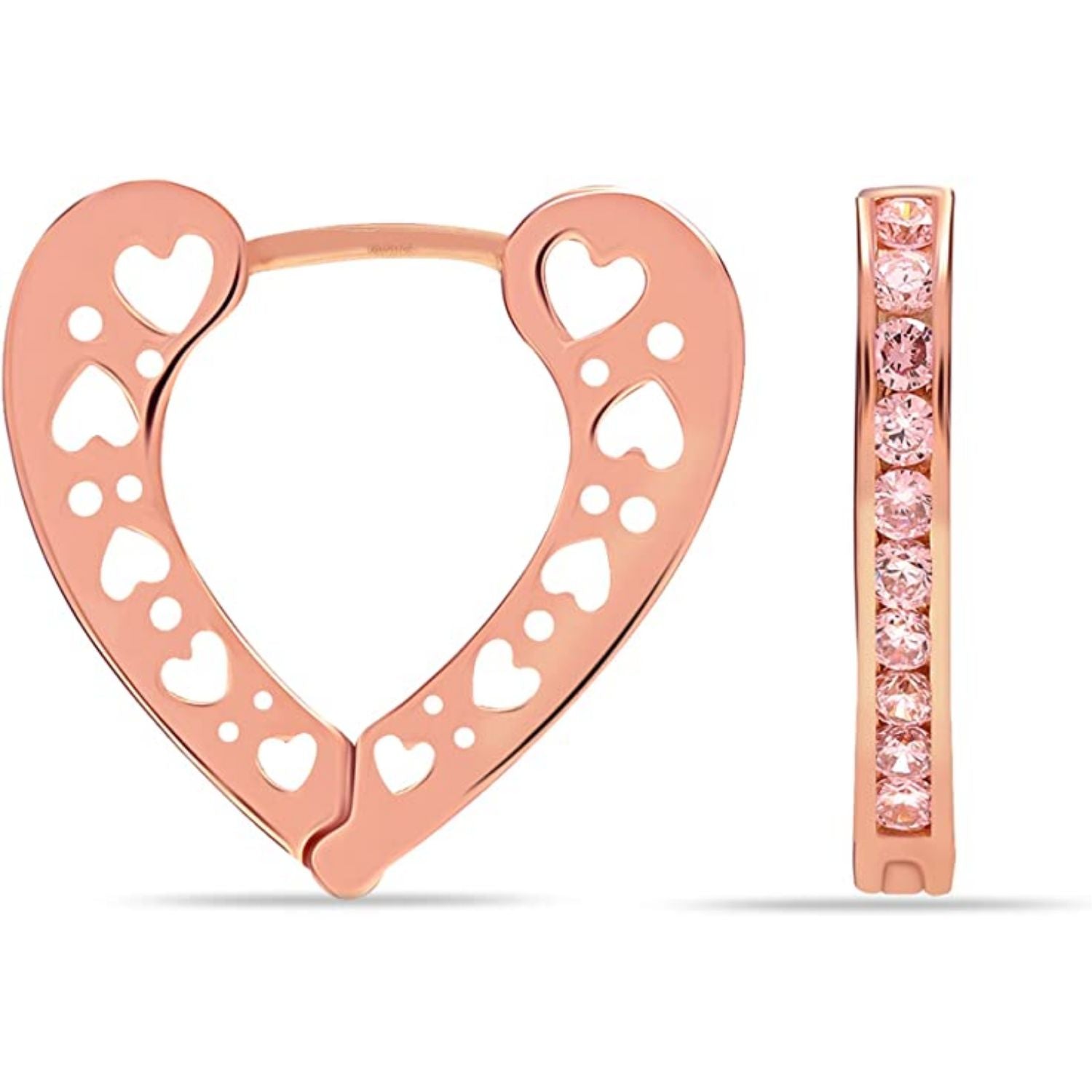 925 Sterling Silver Rose-Gold Plated Love Filigree Heart Huggie Chunky Hoop Earrings for Women