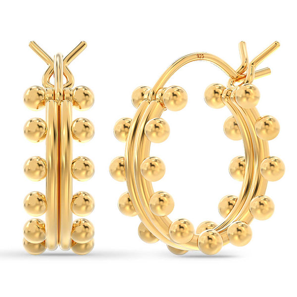 925 Sterling Silver 14K Gold Plated Double Beaded Chunky Hoop Earrings for Women Teen