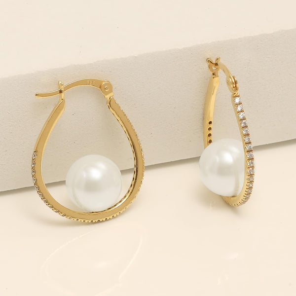 925 Sterling Silver 14K Gold Plated CZ Simulated Pearl Oval Click-Top Hoop Earrings for Women Teen