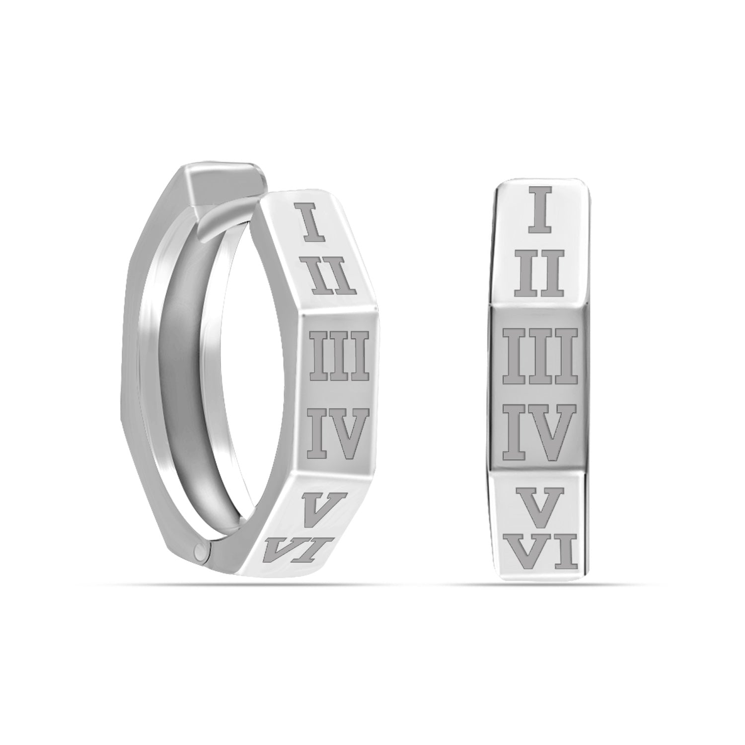 925 Sterling Silver Engraved Roman Number Unisex Geometric Retro styls Small Chunky Huggie Hoop Earrings for Men and Women