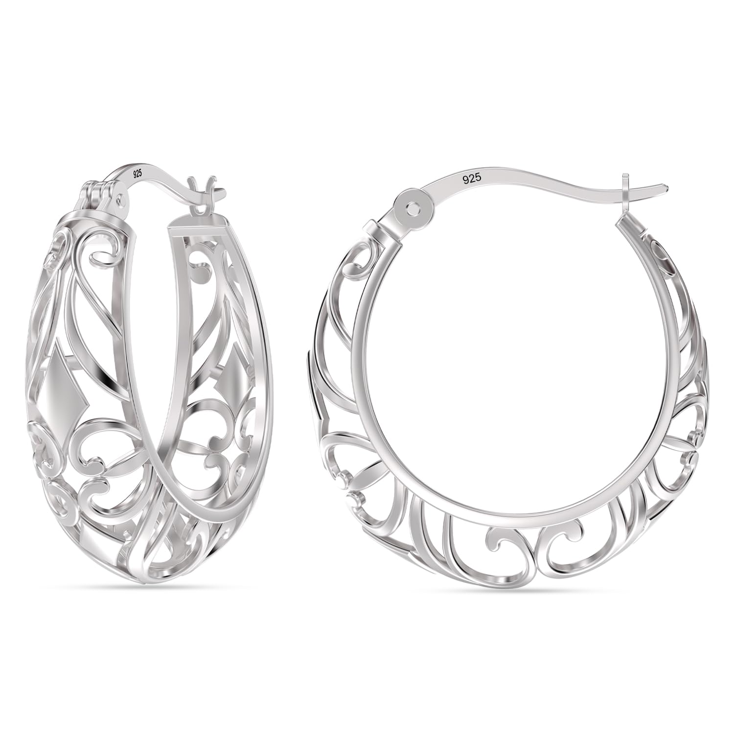 925 Sterling Silver Vintage Oval Filigree with Click-Top Closure Hoop Earrings for Women