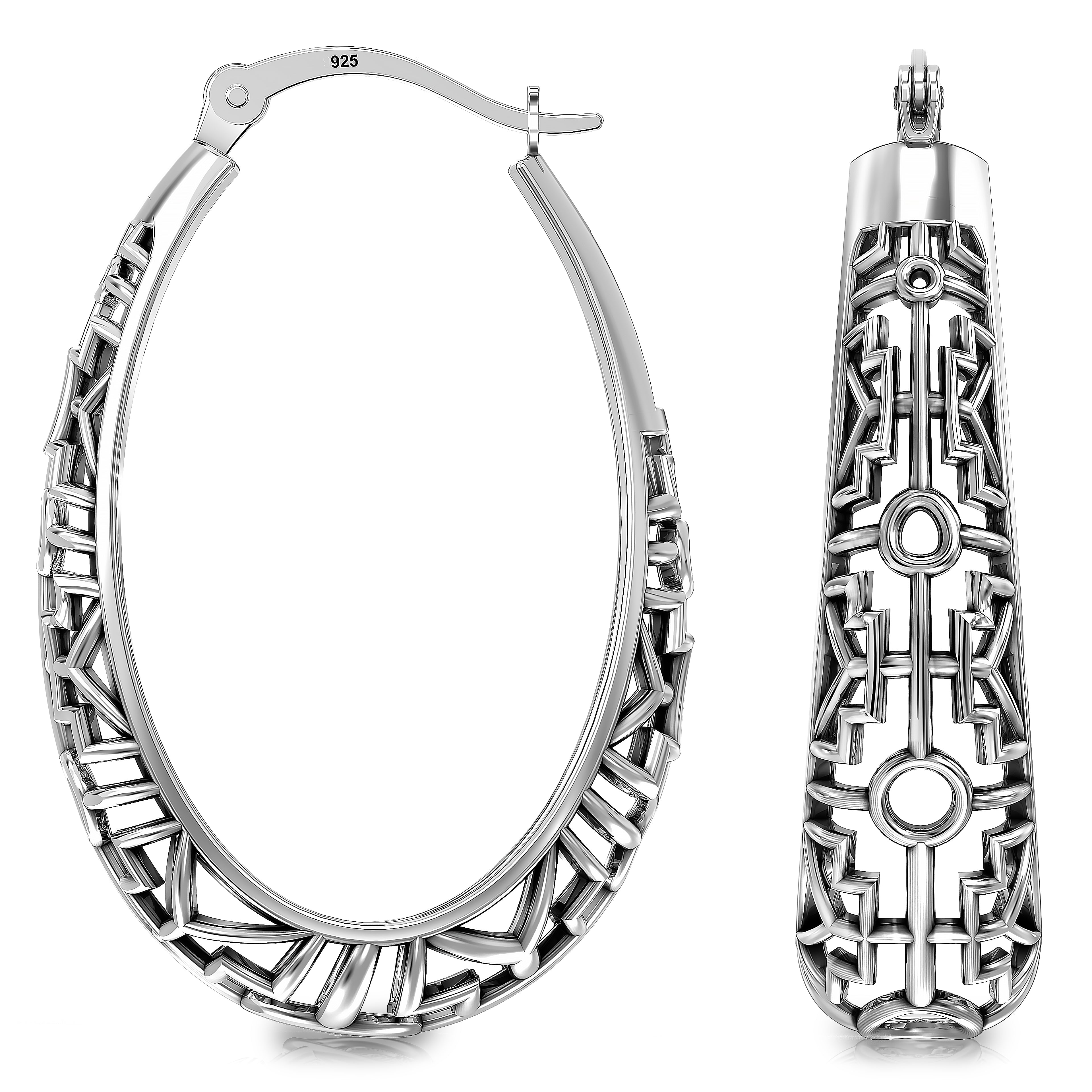 925 Sterling Silver Filigree Mesh Oval Shape Click-Top Hoop Earrings for Women