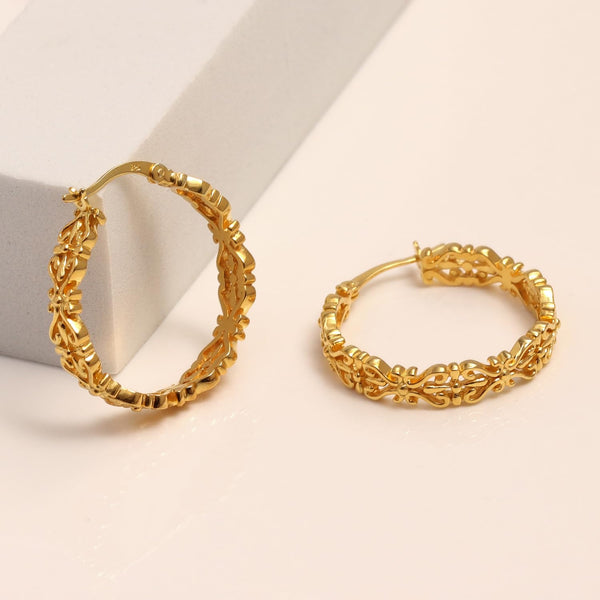 925 Sterling Silver 14K Gold-Plated Filigree Round Hoop Earrings for Women