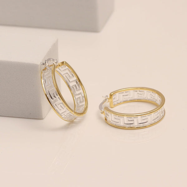 925 Sterling Silver Two-Tone Greek Wall Cut-Out Pattern Greek Key Hoop Earrings for Women