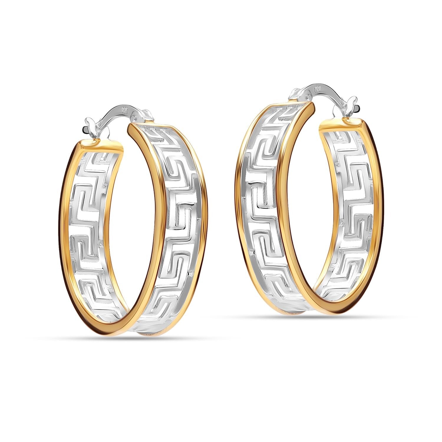 925 Sterling Silver Two-Tone Greek Wall Cut-Out Pattern Greek Key Hoop Earrings for Women