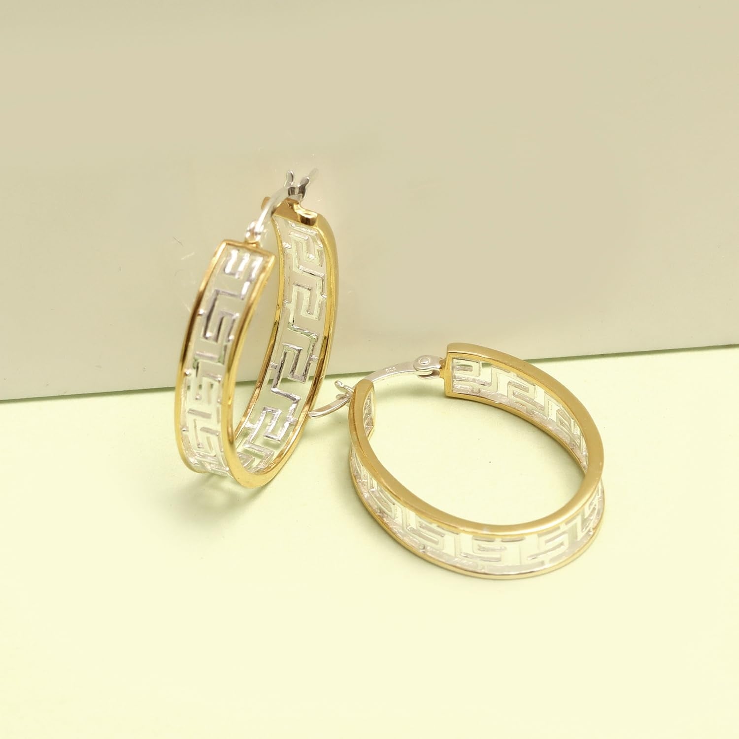 925 Sterling Silver 14K Gold-Plated Two-Tone Greek Wall Cut-Out Pattern Hoop Earring for Women