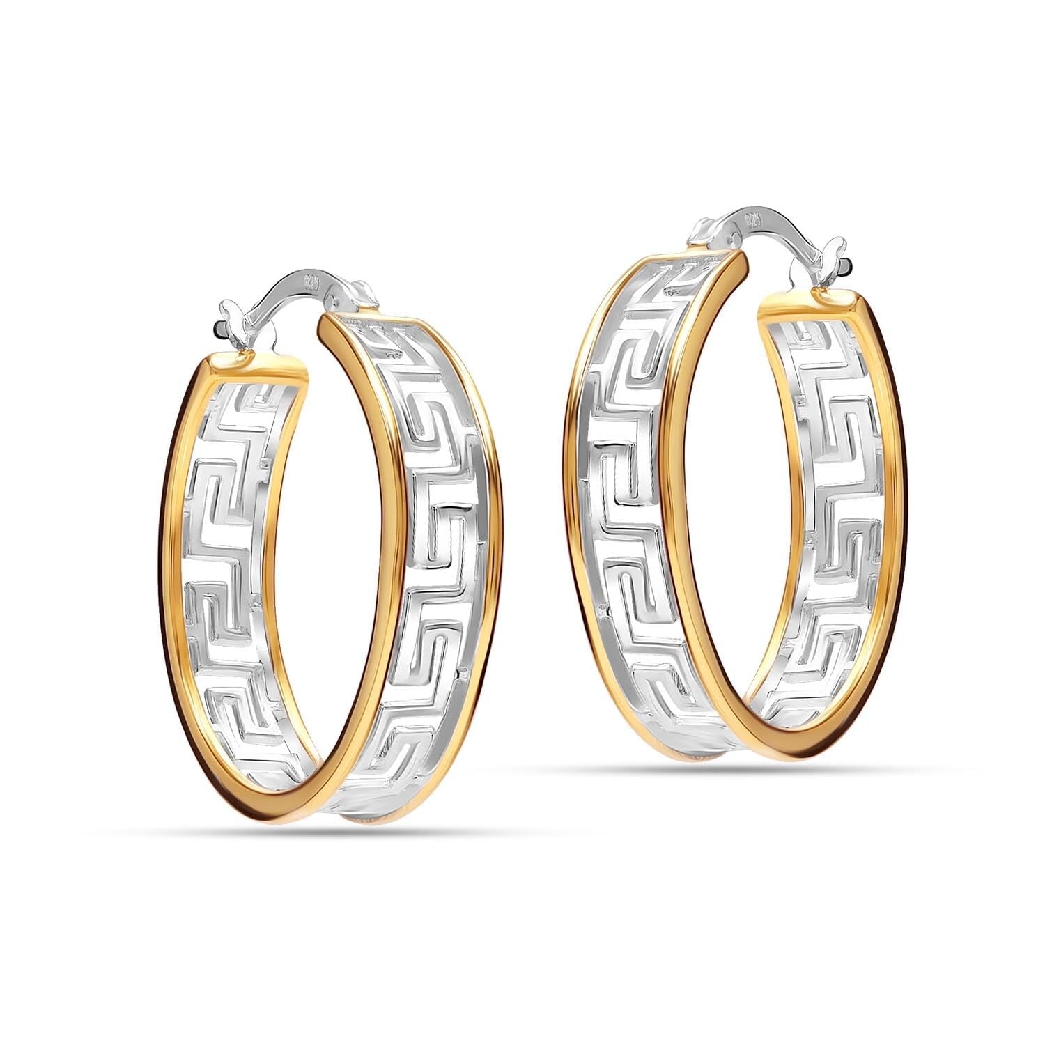 925 Sterling Silver 14K Gold-Plated Two-Tone Greek Wall Cut-Out Pattern Hoop Earring for Women