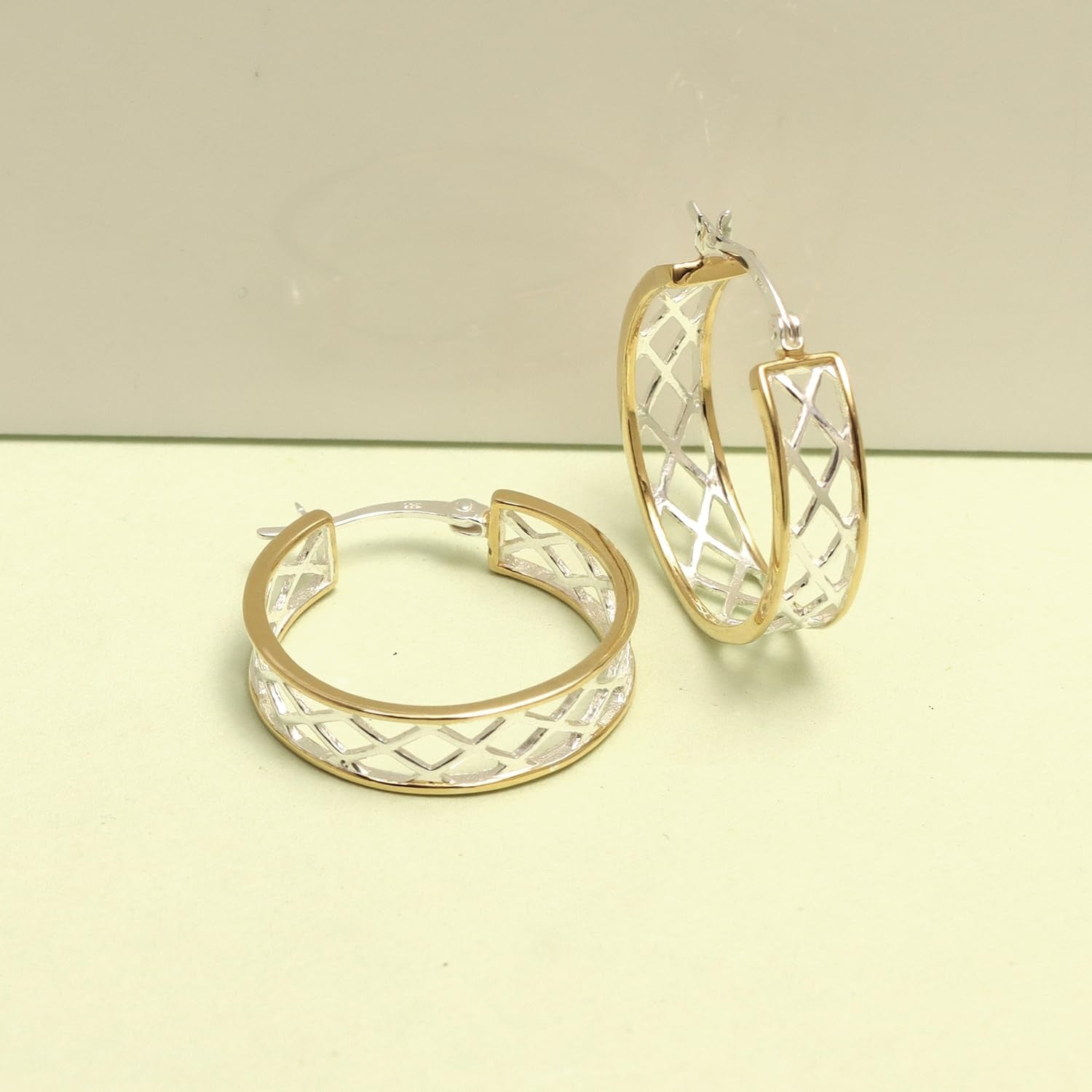 925 Sterling Silver 14K Gold-Plated Two-Tone Cut-Out Pattern Hoop Earring for Women