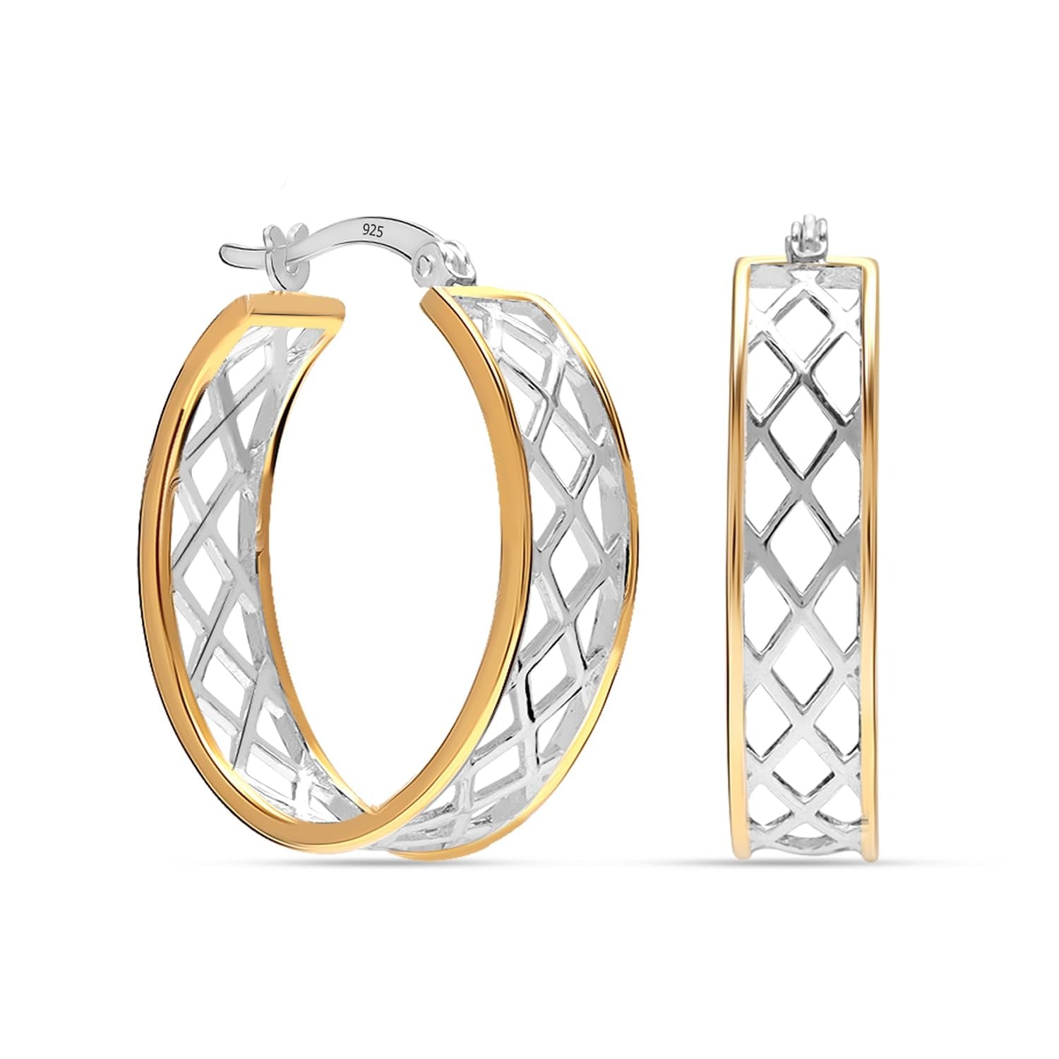 925 Sterling Silver 14K Gold-Plated Two-Tone Cut-Out Pattern Hoop Earring for Women