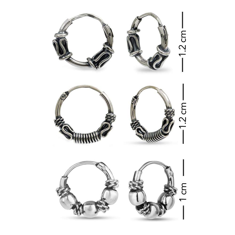 925 Sterling Silver Set of 3 Pair Antique Endless Balinese Small Hoop Earring for Men Women