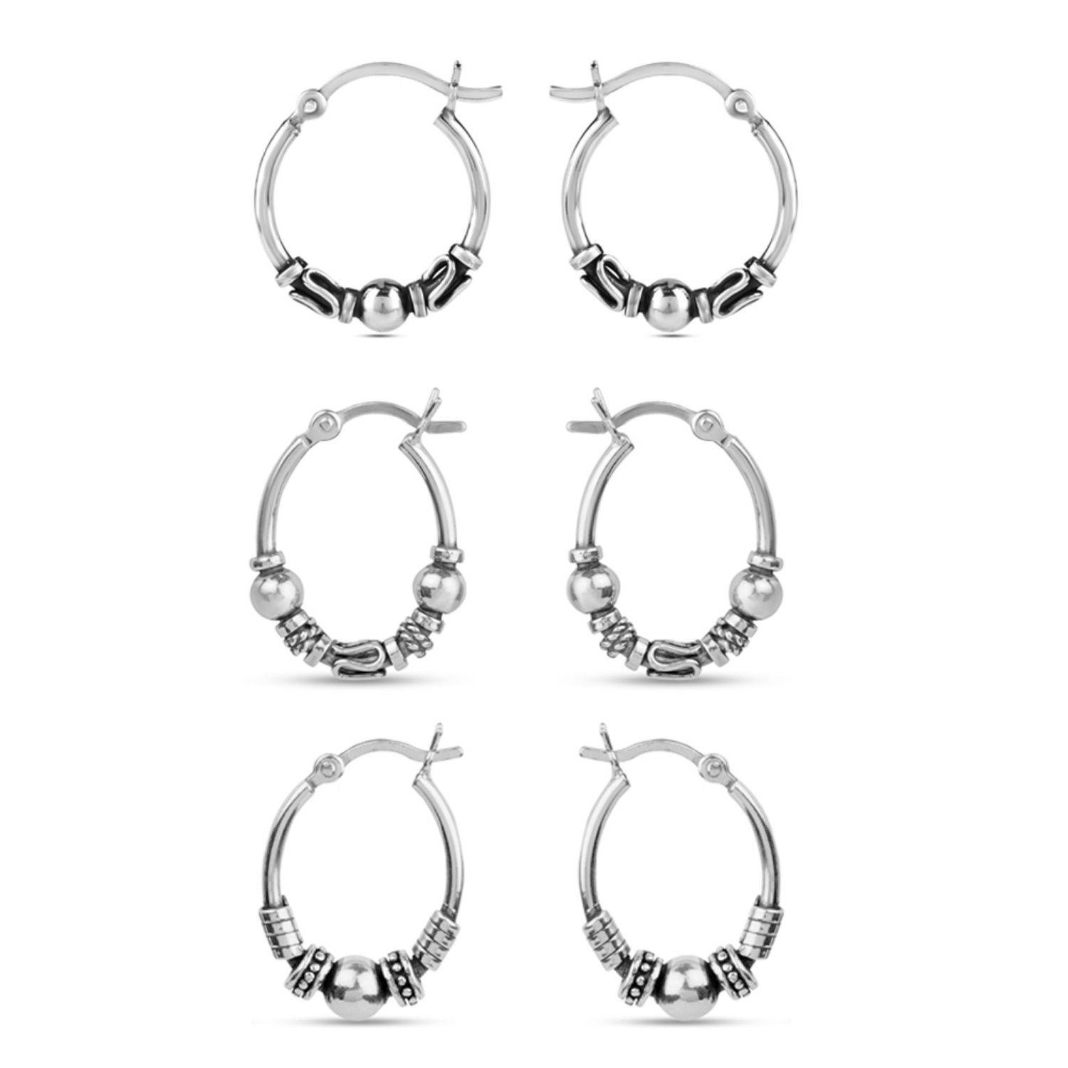 925 Sterling Silver Set of 3 Pair Bali Hoop Earrings for Teen Women & Men