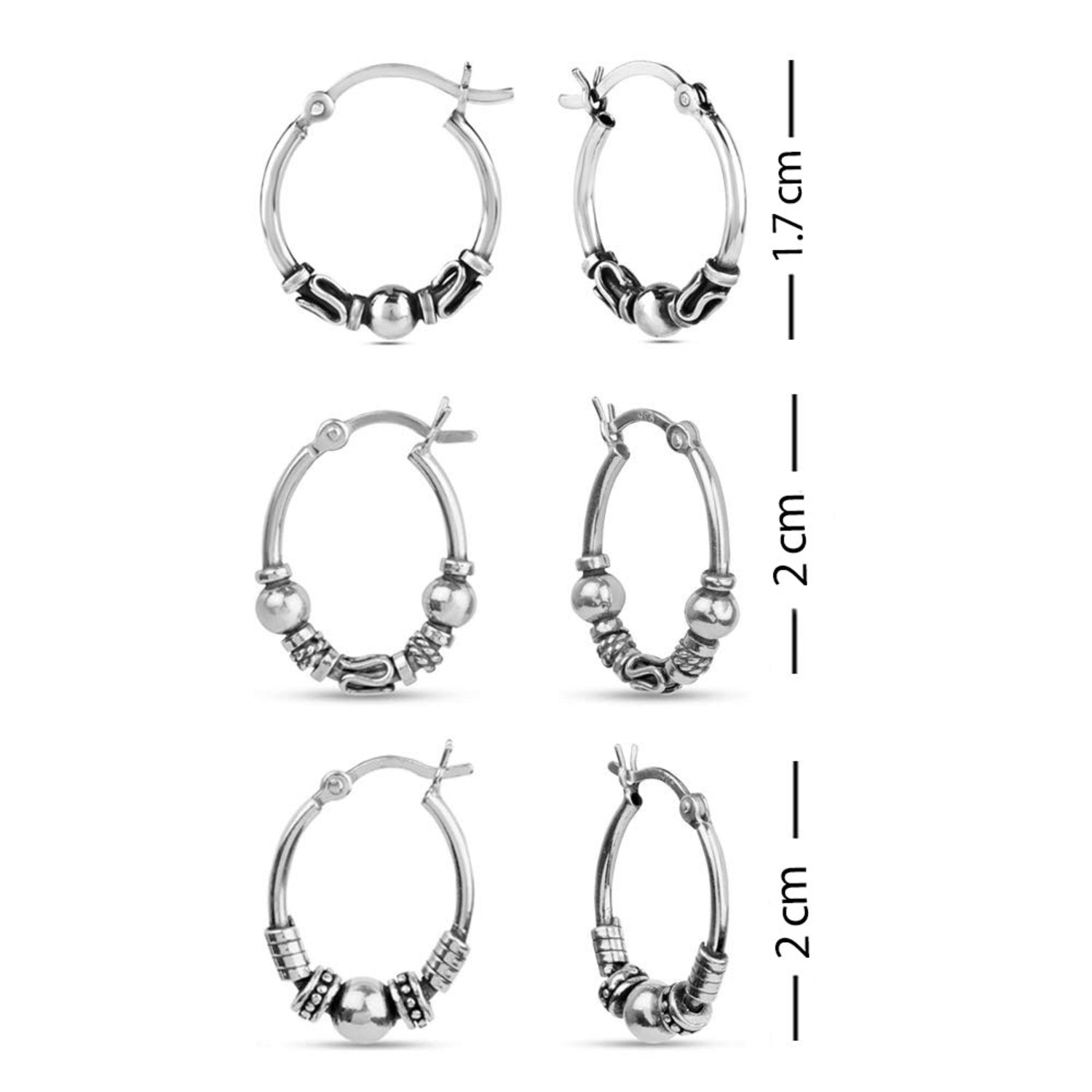 925 Sterling Silver Set of 3 Pair Bali Hoop Earrings for Teen Women & Men