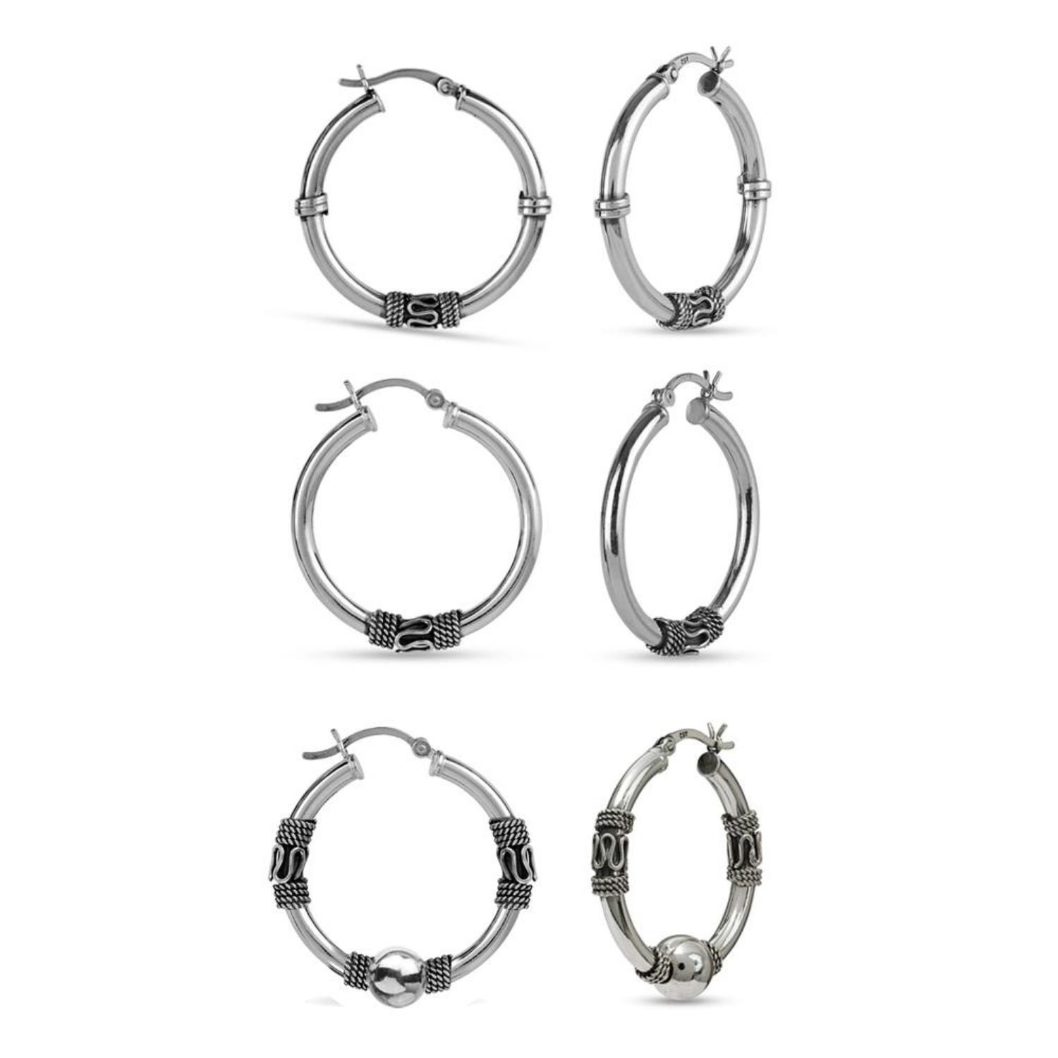 925 Sterling Silver Set of 3 Pair Hoop Earrings for Women