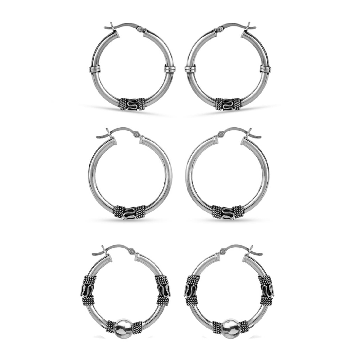 925 Sterling Silver Set of 3 Pair Hoop Earrings for Women