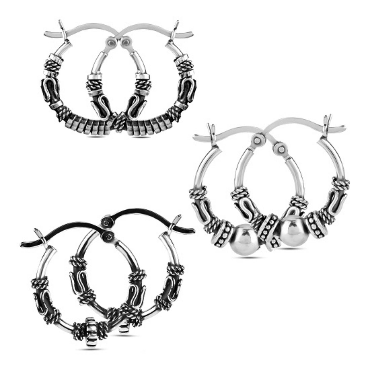 925 Sterling Silver Bali Hoop Earrings for Girl Teen Women 3 Pairs