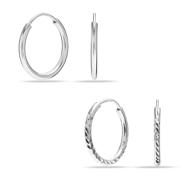 925 Sterling Silver Set of 2 Pairs Endless Sleeper Diamond-cut Classic Hoop Earrings for Women 25mm