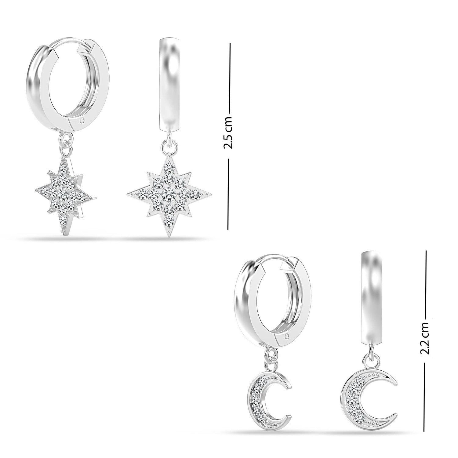 925 Sterling Silver 2 Pairs Moon Star Dangle Hoop Earring CZ Drop Huggie Earring Set for Women