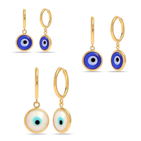 925 Sterling Silver Set of 3 Pair 14K Gold Plated Lucky Evil Eye Blue Protection Huggie Hoop Dangle Earrings for Women Teen