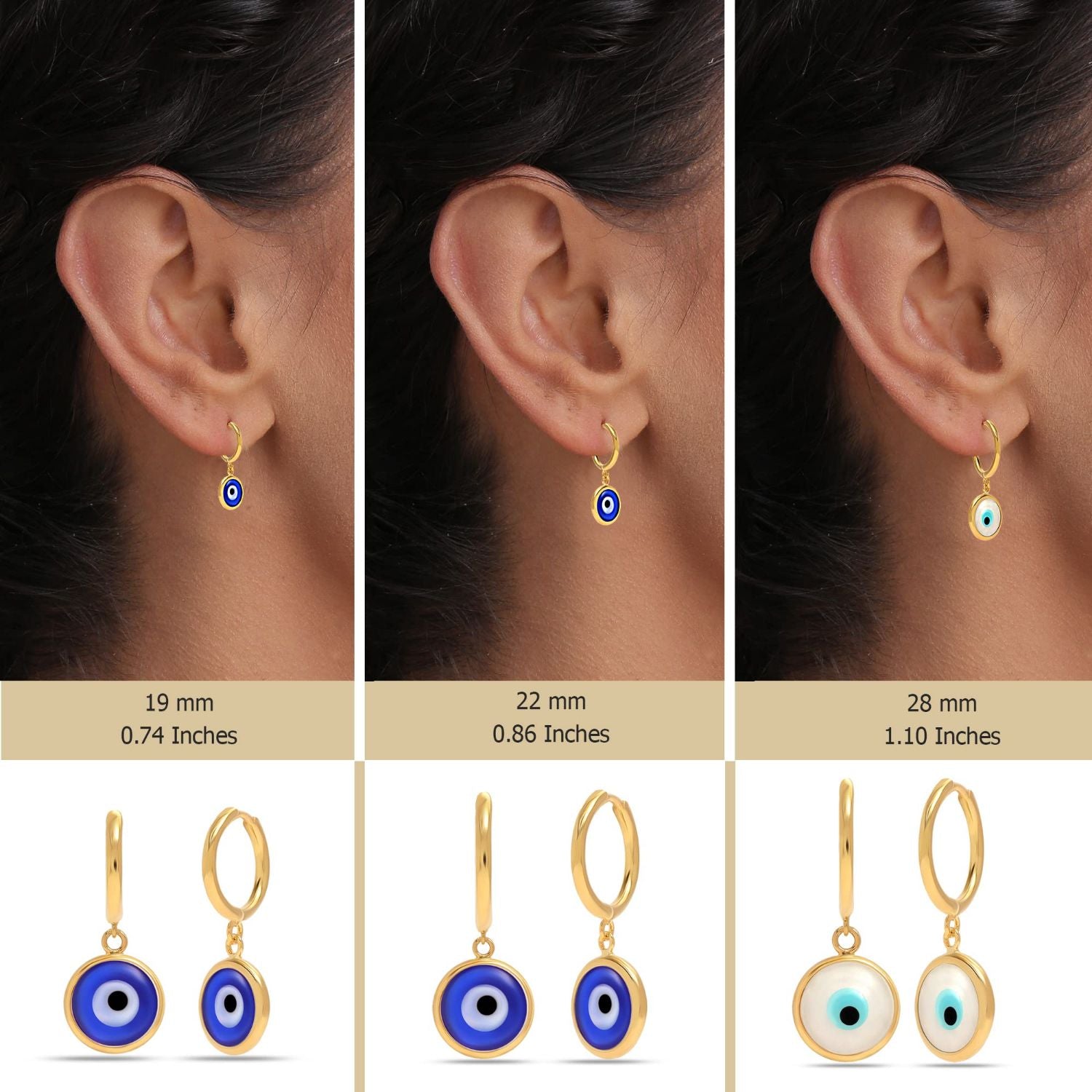 925 Sterling Silver Set of 3 Pair 14K Gold Plated Lucky Evil Eye Blue Protection Huggie Hoop Dangle Earrings for Women Teen