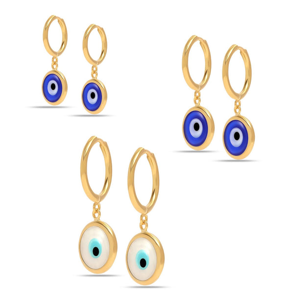 925 Sterling Silver Set of 3 Pair 14K Gold Plated Lucky Evil Eye Blue Protection Huggie Hoop Dangle Earrings for Women Teen