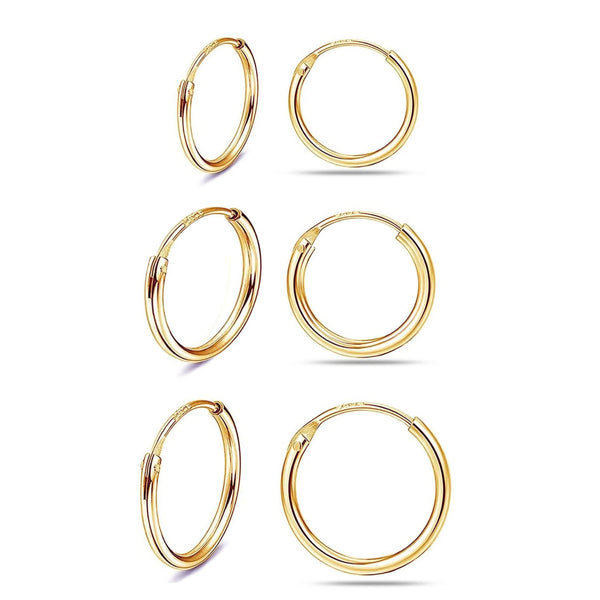 925 Sterling Silver Endless Small Hinged Hoop Earrings for Women Set of 3 Pair