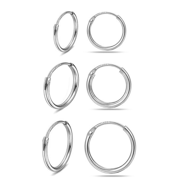 925 Sterling Silver Endless Small Hinged Hoop Earrings for Women Set of 3 Pair