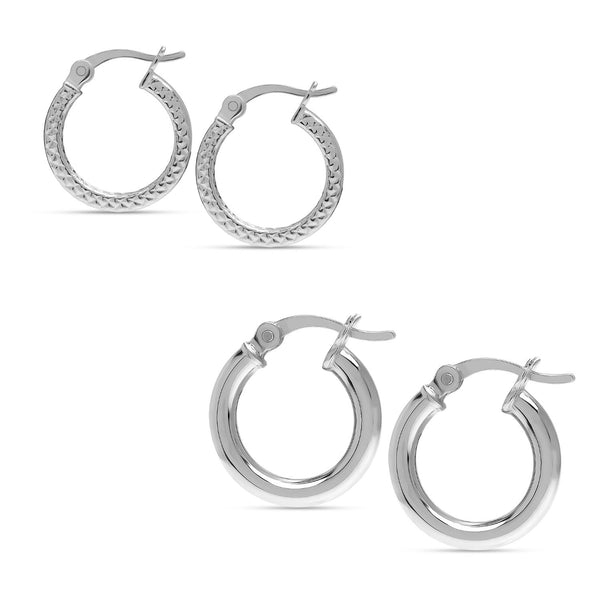 925 Sterling Silver Textured Diamon Cut Classic Hoop Earrings for Women Set of 2 Pairs