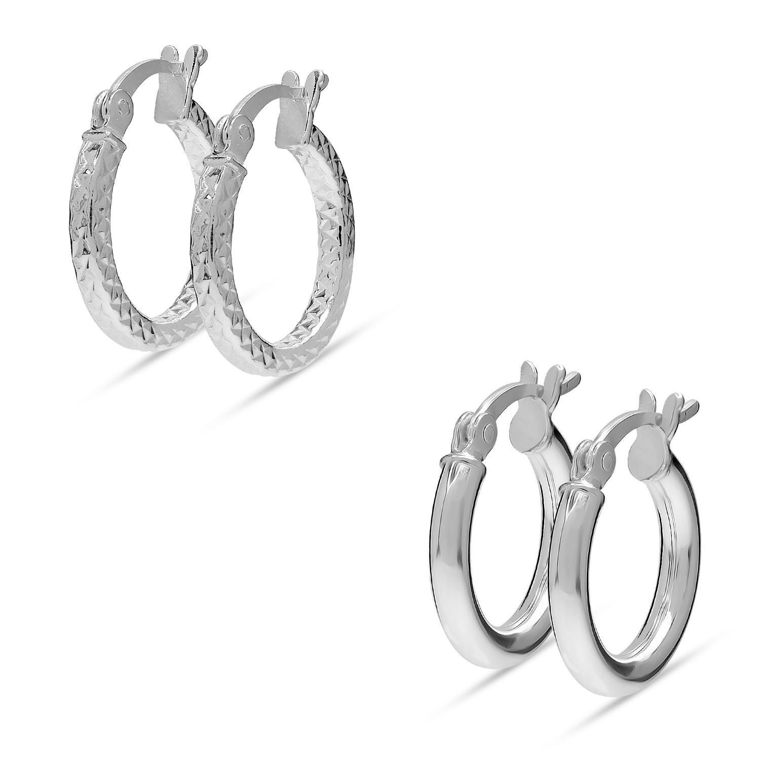 925 Sterling Silver Textured Diamon Cut Classic Hoop Earrings for Women Set of 2 Pairs