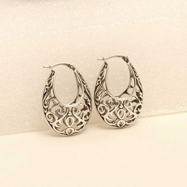 925 Sterling Silver Small Antique Oxidized Oval Mesh Filigree Hoop Earring for Women